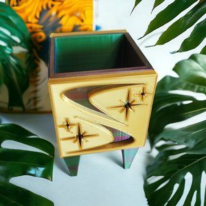 Retro Inspired Mid Century Table Top Box Planter Boomerang Starburst Gold Purple